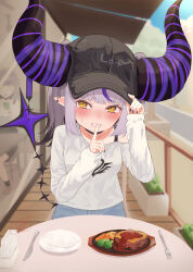 1girl absurdres alternate_costume black_hat black_nails blue_skirt blush carrot demon_girl demon_horns demon_tail finger_to_mouth food fork grey_hair hat highres hololive horns knife la+_darknesss looking_at_viewer medium_hair multicolored_hair nail_polish plate pointy_ears purple_hair shirt skirt smile solo steak streaked_hair tail takion virtual_youtuber white_shirt yellow_eyes