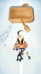 1girl ahoge akira_movie_poster boat brown_hair deevious_deevi from_above from_behind full_body grem_(gigi_murin) hashtag-only_commentary highres hololive hololive_english hood hood_down hooded_shrug huge_ahoge long_sleeves minecraft multicolored_hair orange_shrug road shrug_(clothing) single_thighhigh solo standing striped_clothes striped_thighhighs tail thighhighs two-tone_hair virtual_youtuber watercraft