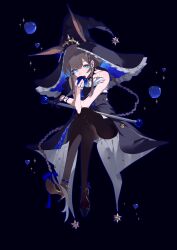 1girl absurdres ambience_synesthesia amiya_(medic)_(solo_around_the_world)_(arknights) amiya_(arknights) animal_ears anklet apple arknights bare_shoulders black_background black_gloves black_hat blue_apple blue_bow blue_eyes blue_outline bow braid brown_hair brown_pantyhose commentary diamond_(gemstone) ears_through_headwear food frilled_hat frills fruit full_body gloves hair_bow hat high_heels highres holding holding_food holding_fruit invisible_chair jewelry long_hair looking_at_viewer meng_ziya official_alternate_costume open_mouth outline pantyhose ring simple_background single_glove sitting solo two-sided_fabric two-sided_headwear very_long_hair witch_hat