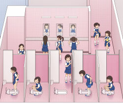 6+girls blue_skirt blue_vest brown_hair indoors kiyo_(kyokyo1220) multiple_girls original panties pleated_skirt ponytail public_restroom scenery school_uniform short_hair short_twintails skirt squat_toilet toilet twintails underwear vest white_panties