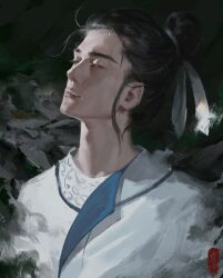 1boy asian black_background black_hair character_request chinese_clothes closed_eyes closed_mouth eyelashes forehead hair_bun hair_ribbon hanfu jiangnan_baijingtu male_focus pink_lips realistic ribbon short_hair single_hair_bun smoke solo thick_eyebrows thick_lips updo upper_body white_hanfu white_ribbon ye_dian_pikaqiu