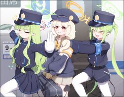 3girls aoba_(blue_archive) armband black_hat black_shorts black_skirt black_tail blonde_hair blue_archive blue_armband brown_gloves closed_eyes commentary_request daraqueue demon_tail gloves green_hair green_halo halo hat highres hikari_(blue_archive) multiple_girls nozomi_(blue_archive) orange_armband orange_halo pantyhose peaked_cap pleated_skirt pointy_ears red_eyes shorts siblings sisters skirt tail train_conductor twins twintails walking white_pantyhose yellow_armband yellow_eyes