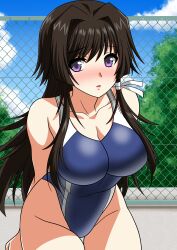 1girl absurdres black_hair blue_one-piece_swimsuit blue_sky blush breasts cleavage cloud collarbone commentary_request competition_swimsuit day embarrassed hair_ribbon highleg highleg_one-piece_swimsuit highres large_breasts leaning_forward long_hair looking_at_viewer muv-luv muv-luv_alternative muv-luv_total_eclipse nose_blush one-piece_swimsuit outdoors purple_eyes ribbon sidelocks sitting sky solo swimsuit takamura_yui thigh_gap tress_ribbon two-tone_swimsuit yuuyuu_(3jjbn)