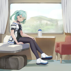 1girl absurdres blush green_eyes green_hair gu_ling_yu highres looking_at_viewer medium_hair pantyhose parted_lips shoes side_ponytail sitting