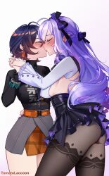 ahoge artist_name belle_(zenless_zone_zero) black_dress black_panties black_pantyhose black_shirt blue_hair breasts clothes_writing dress grey_skirt hand_on_another&#039;s_waist hashtag-only_commentary highres interlocked_fingers kiss large_breasts long_hair mole mole_under_eye panties pantyhose pointy_ears purple_hair shirt short_hair sideboob simple_background skirt tomatolaccoon underwear very_long_hair vivian_(zenless_zone_zero) white_background yuri zenless_zone_zero