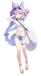 1girl :p absurdres ahoge arm_behind_head bikini bikini_under_clothes black_bikini blue_eyes blue_shorts braid breasts brown_sandals closed_mouth commentary_request eyewear_on_head flower fox_girl fox_tail full_body hair_flower hair_horns hair_ornament hair_rings hairclip heterochromia highres innertube korean_commentary long_hair looking_at_viewer mannack midriff navel open_fly pom_pom_(clothes) pom_pom_hair_ornament purple_hair sandals shirt short_shorts short_sleeves shorts side-tie_bikini_bottom simple_background small_breasts solo standing stellive sunglasses swim_ring swimsuit tail tenko_shibuki thigh_strap tied_shirt tongue tongue_out twin_braids very_long_hair virtual_youtuber white_background white_flower white_shirt yellow_eyes yellow_pupils