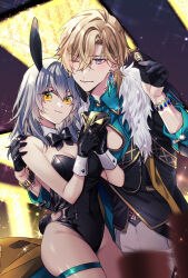 Rule 34 | 1boy, 1girl, ;), anaxa (honkai: star rail), animal ears, aventurine (honkai: star rail), black gloves, black leotard, black vest, blonde hair, blue pupils, blurry, blurry foreground, breasts, cleavage, closed mouth, coin, cowboy shot, earrings, fake tail, gloves, grey hair, hand on another&#039;s shoulder, holding, holding coin, honkai: star rail, honkai (series), indoors, jewelry, leotard, long hair, looking at viewer, medium breasts, one eye closed, pants, rabbit ears, rabbit tail, red eyes, short hair, skindentation, smile, sparkle, standing, strapless, strapless leotard, symbol-shaped pupils, tail, thigh strap, vest, white pants, yamika, yellow eyes