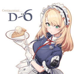 1girl aningay aqua_eyes blonde_hair breasts centaureissi_(girls&#039;_frontline_2) commentary commentary_request english_commentary food g36_(girls&#039;_frontline) girls&#039;_frontline girls&#039;_frontline_2:_exilium gloves highres holding holding_knife holding_plate knife korean_commentary long_hair looking_at_viewer maid maid_headdress neck_ribbon open_mouth partially_fingerless_gloves pie plate red_ribbon ribbon simple_background solo white_background white_gloves