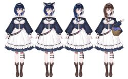1girl ahoge animal_ear_fluff animal_ears bare_shoulders basket black_cape black_corset blue_gemstone blue_nails boots breasts brown_boots brown_hair cape cleavage closed_mouth clothing_cutout collar collarbone corset cyberlive detached_collar dress flower gem hair_between_eyes hair_flower hair_ornament hair_ribbon hairband highres holding holding_basket long_hair long_sleeves mairo official_alternate_hair_color orange_eyes oumiya_emma ribbon short_hair solo virtual_youtuber white_background white_collar white_dress white_flower white_hairband white_ribbon