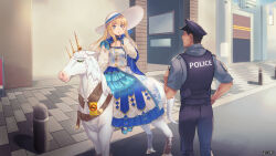 Rule 34 | 1boy, 1girl, above-cleavage cutout, black hair, blonde hair, blue dress, blue eyes, blue shoes, bollard, building, clothing cutout, collarbone, dairoku ryouhei, dress, faceless, faceless male, feet out of frame, floral print, floral print dress, frilled dress, frills, frown, full body, genzo404, gold trim, grey shirt, hair between eyes, hand on own cheek, hand on own face, hand on own hip, hat, highres, horns, horse, horseback riding, layered dress, long dress, long hair, long sleeves, looking at another, misumi activeheart, multiple horns, muscular, muscular male, outdoors, pants, parted lips, patterned clothing, peaked cap, police, police hat, police uniform, policeman, princessa princess, print dress, puffy long sleeves, puffy sleeves, purple hat, purple pants, purple vest, riding, road, shirt, shoes, short hair, short sleeves, sidesaddle, sidewalk, standing, street, sun hat, traffic ticket, two-tone dress, unicorn, utility pole, vest, walkie-talkie, white dress, white hat