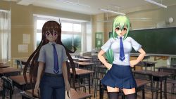 1boy 1girl 3d action_taimanin aishuu_hebiko androgynous brown_hair classroom green_hair highres lilith-soft long_hair looking_at_viewer necktie pants pink_eyes plaid_clothes plaid_skirt school_uniform screencap shirt skirt smile standing taimanin_(series) taimanin_asagi taimanin_rpgx trap uehara_shikanosuke very_long_hair white_shirt wide_hips yellow_eyes
