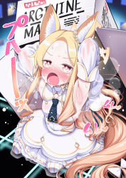 1girl absurdres animal_ear_fluff animal_ears armpits blue_archive blush box cardboard_box cross_halo detached_sleeves dress extra_ears flower_wreath forehead fox_ears fox_girl gradient_eyes halo highres hot kneeling loli multicolored_eyes necktie open_mouth pantyhose seia_(blue_archive) short_necktie sleeve_bow sleeveless sleeveless_dress sleeves_past_fingers sleeves_past_wrists solo steaming_body striped_clothes striped_pantyhose sweat vertical-striped_clothes vertical-striped_pantyhose white_dress yellow_halo yokojima_kemomi_mi_chuushin