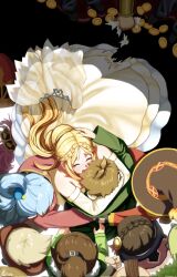 Rule 34 | 3boys, 5girls, aqua (konosuba), blonde hair, blue hair, braid, bridal veil, brown hair, coin, crying, darkness (konosuba), dress, dust (konosuba), from above, gold coin, hair ornament, hat, highres, hug, isle04061225, kono subarashii sekai ni shukufuku wo!, lean (konosuba), long hair, long sleeves, megumin, multiple boys, multiple girls, open mouth, ponytail, satou kazuma, short hair, veil, wedding dress, witch hat, yunyun (konosuba)