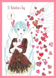 Rule 34 | !, 1girl, 5others, 922pochan, :o, abstract, aqua eyes, aqua hair, blue nails, border, brown dress, collared shirt, commentary request, cowboy shot, dot nose, dress, hair ribbon, heart, highres, long hair, looking at another, masking tape (medium), mixed media, multiple others, out of frame, pink border, red ribbon, ribbon, shirt, sidelocks, solo focus, spoken exclamation mark, three-quarter sleeves, traditional media, twintails, unconventional media, valentine, very long hair, vocaloid, white background, white sleeve cuffs