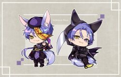 2boys animal_ear_fluff animal_ears beads boots cap cat_eyes cat_smile chibi chinese_clothes death earrings eyeshadow fang fox_boy fox_ears fox_tail gloves halloween halloween_costume hat heterochromia highres holding holding_scythe holding_weapon hood hood_up jewelry jiangshi kuya_(nu_carnival) makeup male_focus mole mole_under_eye multiple_boys nu_carnival ofuda ponytail purple_eyes purple_fur purple_hair reaper scythe short_hair simple_background skin_fang slit_pupils tail weapon yadome810 yellow_eyes