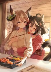 2girls absurdres alternate_costume animal_ears apron architecture bento black_hair brown_apron brown_hair chopsticks commentary_request east_asian_architecture feeding hair_between_eyes highres holding holding_chopsticks horse_ears horse_girl hug hug_from_behind japanese_clothes kimono kitasan_black_(umamusume) long_hair multicolored_hair multiple_girls red_kimono satono_diamond_(umamusume) short_hair shouji sliding_doors streaked_hair sunny_(20597521) sweater umamusume white_hair white_sweater