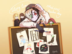 1girl 1other 2boys :3 animification bird black_hair black_skin blonde_hair blood_vines_(dream_smp) brown_hair character_doll character_name colored_skin commentary crow dated drawing_(object) dream_(youtuber) dream_(youtuber)_(blob) dream_smp english_commentary english_text georgenotfound green_eyes hardcore_heart heterochromia holding holding_paintbrush horns long_hair looking_at_viewer low_ponytail lucylee158 minecraft minecraft_youtube mini_person miniboy minigirl misstrixtin multicolored_hair multicolored_skin multiple_boys paintbrush ph1lza ph1lza&#039;s_chat pig pointy_ears ponytail ranboo red_eyes short_hair simple_background smile split-color_hair stuffed_toy technoblade tommyinnit tubbo two-tone_hair two-tone_skin white_hair white_skin yellow_background