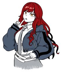 1girl belt blunt_bangs castle_knight_charlotte collar curly_hair finger_to_mouth grey_necktie highres jacket long_hair midriff necktie open_mouth red_hair ryoung_10 simple_background waktaverse white_background white_belt yellow_eyes