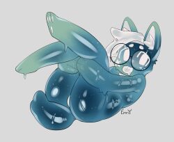 1girl :3 animal_ear_fluff animal_ears artist_name ass black-framed_eyewear commentary emmyliquid english_commentary full_body furry glasses green_fur grey_background highres looking_at_viewer original round_eyewear short_hair simple_background slimification solo tail white_hair