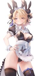 1girl animal_ear_hairband animal_ears apron black_leotard black_thighhighs blonde_hair blue_eyes blush breasts character_request closed_mouth cowboy_shot elwhy_(vtuber) fake_animal_ears firanstill1 frilled_apron frills grey_eyes hair_ornament hairband hand_on_own_hip heterochromia highres indie_virtual_youtuber leg_ribbon leotard looking_at_viewer maid maid_apron medium_breasts medium_hair playboy_bunny puffy_short_sleeves puffy_sleeves rabbit_ear_hairband rabbit_ears rabbit_hair_ornament ribbon short_sleeves simple_background solo standing strapless strapless_leotard thighhighs virtual_youtuber white_apron white_background white_wrist_cuffs wrist_cuffs