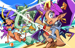 antenna_hair arm_up ball bandana bare_legs bare_shoulders beach bikini blonde_hair blue_bandana blue_eyes breasts cape choker cleavage colored_skin crab dark-skinned_female dark_skin earrings egg_earrings fang genie gold_earrings green_hair green_skin hand_on_own_hip high_ponytail hood hood_up hooded_cape jewelry medium_breasts multicolored_bikini multiple_girls navel nirak ocean one_eye_closed open_mouth perspective pointy_ears ponytail purple_hair red_bikini red_eyes rottytops sand shantae shantae_(series) short_hair sky_(shantae) sunglasses swimsuit volleyball_(object) wardrobe_malfunction yellow_bikini yellow_eyes