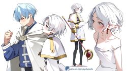 1boy 1girl =_= alternate_hair_length alternate_hairstyle black_footwear black_pantyhose blue_hair blue_tunic blush camisole capelet clenched_hand cloak collarbone commentary earrings elf english_commentary feet floating_earrings frieren full_body green_eyes hand_up himmel_(sousou_no_frieren) holding holding_staff jewelry long_sleeves looking_at_another mage_staff multiple_views pantyhose patreon_logo patreon_username pointy_ears short_hair smile sousou_no_frieren staff stirrup_legwear sydus toeless_legwear toes tunic upper_body watermark web_address white_background white_camisole white_capelet white_cloak white_hair