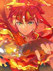 1boy embers fingerless_gloves fingernails fire fire_emblem gloves green_eyes headband looking_ahead male_focus nintendo orange_background parted_lips red_hair roy_(fire_emblem) short_hair signature solo upper_body yasaikakiage