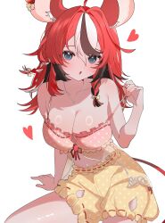 1girl absurdres animal_ears black_streaks blue_eyes bra braid breasts cleavage frilled_bra frills hakos_baelz_(5th_costume) hana20000920 highres hololive hololive_english large_breasts long_hair looking_at_viewer mouse_ears mouse_girl mouse_tail multicolored_hair navel official_alternate_costume official_alternate_hairstyle open_mouth pink_bra polka_dot polka_dot_bra polka_dot_shorts red_hair red_nails shorts simple_background sleepwear solo tail underwear virtual_youtuber white_background white_hair yellow_shorts