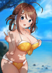 1girl ahoge beach bikini blurry blurry_background braid breasts brown_hair chougei_(kancolle) chougei_(swimsuit)_(kancolle) cloud cloudy_sky collarbone dated day grey_eyes hair_rings highres kantai_collection kirisawa_juuzou large_breasts long_hair looking_at_viewer ocean orange_bikini outdoors signature sky solo swimsuit twin_braids v water