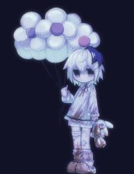 Rule 34 | 1girl, arm at side, balloon, bandaged leg, bandages, bandaid on thigh, black background, black eyes, black hair, blood, blood on clothes, closed mouth, collared shirt, cross-laced clothes, cross-laced sleeves, crossed bangs, deformed, double-parted bangs, empty eyes, film grain, flower (vocaloid), flower (vocaloid4), flower balloon, frilled shirt, frilled sleeves, frills, frown, gauze on knee, hair between eyes, hand up, hashtag-only commentary, highres, holding, holding stuffed toy, jitome, kneehighs, legs together, long sleeves, looking at viewer, multicolored eyes, multicolored hair, neck ribbon, no pupils, pink eyes, pink ribbon, ribbed socks, ribbon, shirt, short hair, shorts, simple background, slippers, socks, solo, standing, streaked hair, stuffed animal, stuffed rabbit, stuffed toy, tear ame, two-tone eyes, two-tone hair, vocaloid, white hair, white shirt, white shorts, white slippers, white socks