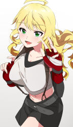 1girl absurdres ahoge arm_up belt black_belt black_skirt blonde_hair blush breasts cosplay cowboy_shot crop_top final_fantasy final_fantasy_vii fingerless_gloves gloves green_eyes hand_up highres hoshii_miki idolmaster idolmaster_(classic) katsu_(kana) long_hair looking_at_viewer midriff navel open_mouth red_gloves simple_background skirt smile solo standing suspender_skirt suspenders tank_top tifa_lockhart tifa_lockhart_(cosplay) white_background white_tank_top