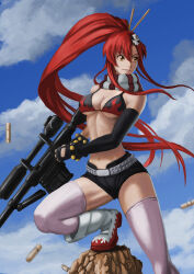 1girl anti-materiel_rifle belt bikini black_bikini black_gloves black_shoes blue_sky boots breasts brown_eyes captdiablo cleavage cloud commentary elbow_gloves english_commentary fingerless_gloves gloves grey_belt gun hair_ornament hair_stick high_ponytail highres holding holding_gun holding_weapon long_hair medium_breasts ponytail red_hair revision rifle scarf shell_casing shoes short_shorts shorts single_elbow_glove skull_hair_ornament sky sniper_rifle solo striped_clothes striped_scarf swimsuit tengen_toppa_gurren_lagann thighhighs underboob very_long_hair weapon white_boots white_thighhighs yoko_littner