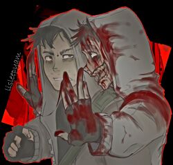 2boys \||/ arm_around_shoulder bag bags_under_eyes beard_stubble black_background black_eyes black_gloves black_hair blood blood_on_clothes blood_on_face blood_on_hands blood_on_teeth bloodshot_eyes clenched_teeth colored_teeth crazy_grin cry_of_fear dual_persona facial_hair fingerless_gloves gloves grey_hoodie highres hood hood_up hoodie lisleepyam looking_at_another male_focus messy_hair mole multiple_boys open_mouth outline red_outline shoulder_bag simon_henriksson simon_henriksson_(book) stubble teeth upper_body yellow_teeth