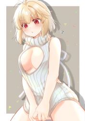 1girl ahoge arcueid_brunestud blonde_hair blush breasts cleavage cleavage_cutout clothing_cutout covering_privates embarrassed highres huge_breasts large_breasts meme_attire pout pulling_own_clothes red_eyes shimotsukishin short_hair spread_legs sweater thighs tsukihime tsukihime_(remake) turtleneck turtleneck_sweater virgin_killer_sweater