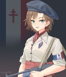 Rule 34 | 1girl, absurdres, aqua eyes, armband, artist name, beret, black hat, blue pants, brown hair, brown shirt, commentary, flag armband, flag background, free french flag, french flag, gun, gun sling, hat, highres, holding, holding gun, holding weapon, leochan1202, looking at viewer, mas-38, military, military uniform, open mouth, original, pants, polka dot, polka dot scarf, red sash, red scarf, sash, scarf, shirt, short hair, sleeves rolled up, smile, solo, submachine gun, upper body, weapon, world war ii