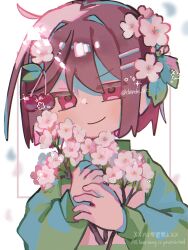 1other blurry blurry_background brown_hair chara_(undertale) cherry_hair_ornament chromatic_aberration closed_mouth commentary_request cowlick dande_lion2604 double-parted_bangs film_grain flower food-themed_hair_ornament green_sweater hair_between_eyes hair_flower hair_intakes hair_ornament hands_up highres holding holding_flower inset_border jitome leaf long_sleeves looking_at_viewer other_focus pink_flower pink_sweater puffy_long_sleeves puffy_sleeves red_eyes short_hair simple_background single_eyebrow smile solo sparkle striped_clothes striped_sweater sweater turtleneck turtleneck_sweater twitter_username two-tone_sweater undertale upper_body v-shaped_eyebrows watermark white_background