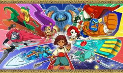 ajna_(indivisible) annie_(skullgirls) aqua_hair armor axe battle_chasers boots braid brown_hair calibretto cape closed_eyes crocodilian crossover curses&#039;n&#039;chaos dark-skinned_female dark-skinned_male dark_skin eyepatch floating_hair flying furry glasses green_hair guacamelee! helmet horns hyper_light_drifter indivisible juan_(guacamelee) lab_zero_games lea_(curses&#039;n&#039;chaos) luchador luchador_mask mask metroidvania multicolored_background pale_skin purple_hair red_(transistor) red_hair sagan_(skullgirls) shantae shantae_(series) shovel shovel_knight shovel_knight_(character) skateboard skirt super_time_force_ultra supergiant_games sword tail tattoo the_drifter the_transistor toy transistor_(game) weapon zackasaurus
