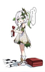 1girl absurdres backpack bag bikini black_bikini blush bongnom commentary cross-shaped_pupils detached_sleeves dress eye_mask full_body gag genshin_impact gradient_hair green_eyes green_hair green_sleeves grey_hair hair_between_eyes hair_ornament highres holding holding_gag leaf_hair_ornament long_hair looking_at_viewer mask micro_bikini multicolored_hair nahida_(genshin_impact) open_mouth pointy_ears randoseru red_bag side_ponytail sidelocks simple_background smile solo speech_bubble standing sweatdrop swimsuit symbol-shaped_pupils toeless_footwear translation_request unworn_backpack unworn_bag unworn_bikini unworn_bikini_bottom unworn_bikini_top unworn_mask white_background white_dress