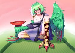 1girl bird_legs blush breasts chest_sarashi cleavage commentary_request cup feathered_wings feathers green_feathers green_hair green_wings hair_between_eyes harpy highres holding holding_cup japanese_clothes kimono long_hair looking_at_viewer monster_girl mouth_hold multicolored_hair open_mouth original pipe_in_mouth purple_kimono red_eyes red_hair sakazuki sarashi sitting small_breasts smoking smoking_pipe solo talons textless_version togenomaru torn_clothes torn_socks two-tone_hair winged_arms wings yellow_eyes