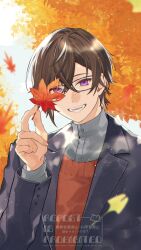 Rule 34 | 1boy, :d, absurdres, artist name, autumn, autumn leaves, black-framed eyewear, black hair, black jacket, blue eyes, blue sky, cloud, commentary, crossed bangs, day, falling leaves, ginkgo leaf, glasses, grey shirt, hair between eyes, hand up, highres, holding, holding leaf, jacket, kaburagi (pnoir087), lapels, leaf, long sleeves, looking at viewer, male focus, maple leaf, mole, mole on neck, multicolored eyes, nijisanji, open clothes, open jacket, open mouth, outdoors, purple eyes, red sweater, shikinagi akira, shirt, short hair, sky, smile, solo, sweater, symbol-only commentary, teeth, tree, twitter username, upper body, virtual youtuber, watermark