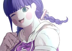 1girl blue_eyes blush braid braided_ponytail female_focus fingernails highres looking_at_viewer mojiro_moko one_eye_closed open_mouth purple_hair simple_background solo teeth the_hundred_line_-last_defense_academy- tongue twin_braids upper_body upper_teeth_only white_background wrestler