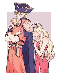 1boy 1girl :3 absurdres blonde_hair blue_cape blue_hat cape cape_grab closed_mouth clothes_grab coat collarbone couple crossed_arms dr._stone dress hat head_tilt highres hokutouzai_minami izumi_whale long_hair looking_down nanami_ryuusui orange_coat outline red_dress red_eyes standing straight_hair strapless strapless_dress white_outline