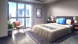apartment bed bedroom blanket blue_sky book chair cityscape curtains day desk_lamp highres indoors lamp non-web_source official_art our_life our_life:_beginnings_and_always photo_(object) pillow plant potted_plant rug sky tile_floor tiles variant_set window_light