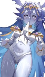 Rule 34 | 1girl, absurdres, back tattoo, blue eyes, blue hair, blue skin, blush, breasts, clothes in mouth, colored skin, dominus impulse, dress, duel monster, ear piercing, embarrassed, gold collar, hair between eyes, head wings, highres, hip dips, long hair, looking down, medium breasts, navel, open hands, partially visible vulva, piercing, pointy ears, pussy juice stain, simple background, standing, sweat, tattoo, tiara, tramp stamp, unnunal (unneonal), very long hair, white background, white dress, white sleeves, wings, yu-gi-oh!
