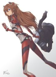 1girl alternate_color ayaki blue_eyes female_focus highres jacket long_hair mecha_pilot_suit neon_genesis_evangelion orange_hair pda plugsuit_(evangelion) rebuild_of_evangelion signature simple_background skinny solo souryuu_asuka_langley test_plugsuit_(evangelion)