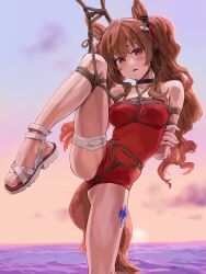 Rule 34 | a tea, animal ears, arms behind back, bare shoulders, bdsm, black choker, blush, bondage, bound, breast bondage, breasts, brown hair, character request, choker, collarbone, copyright request, crotch rope, highres, leg up, long hair, looking at viewer, medium breasts, ocean, one-piece swimsuit, open mouth, red eyes, red one-piece swimsuit, sandals, shibari, shibari over clothes, skindentation, sky, standing, standing on one leg, swimsuit, tail, thigh strap, twintails, very long hair