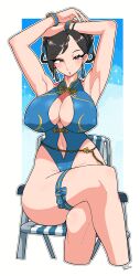 1girl armpits arms_up black_hair blush bracelet braid breasts capcom chair chun-li cleavage_cutout clothing_cutout covered_erect_nipples cropped_legs crossed_legs deck_chair double_bun folding_chair hair_bun highleg highleg_one-piece_swimsuit jewelry large_breasts leg_ribbon looking_at_viewer navel_cutout omura_zojiki one-piece_swimsuit parted_lips pink_lips ribbon solo street_fighter street_fighter_6 swimsuit thick_thighs thighs wide_hips