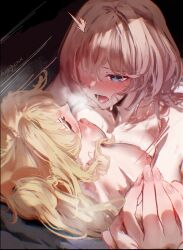 2girls blonde_hair blue_eyes blush breasts breath brown_hair completely_nude highres honkai_(series) honkai_impact_3rd lantern_(honkai_impact) long_hair medium_breasts multiple_girls nipples nude nyeppu open_mouth paid_reward_available signature songque sweat yuri