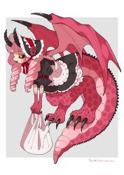 Rule 34 | 1girl, apron, artist name, atann nnata, bag, black bonnet, black dress, black sclera, blunt bangs, bonnet, claws, colored sclera, colored skin, commentary, dated, dragon girl, dragon horns, dragon tail, dress, drill hair, fangs, flower, flying, frilled apron, frilled bonnet, frilled dress, frills, full body, hat, hat flower, highres, holding, holding bag, horns, large tail, long hair, maid, monster girl, open mouth, original, pink hair, pink scales, pink skin, puffy short sleeves, puffy sleeves, red flower, red rose, rose, scales, short sleeves, slit pupils, solo, spikes, tail, twitter username, white apron, white bag, yellow eyes