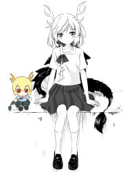1girl antlers blush character_doll closed_mouth commentary_request doll dragon_horns dragon_tail fumo_(doll) fur-tipped_tail highres horns kicchou_yachie kneehighs loafers looking_at_viewer partially_colored shirt shoes short_sleeves sitting skirt smile socks solo split_mouth square_neckline tail touhou tsuukinkaisoku_oomiya turtle_shell
